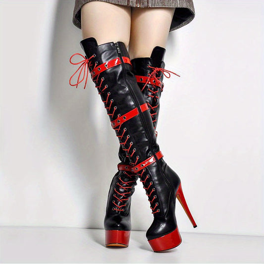 Stiletto High Heel Boots, Color Blocked, Knee High