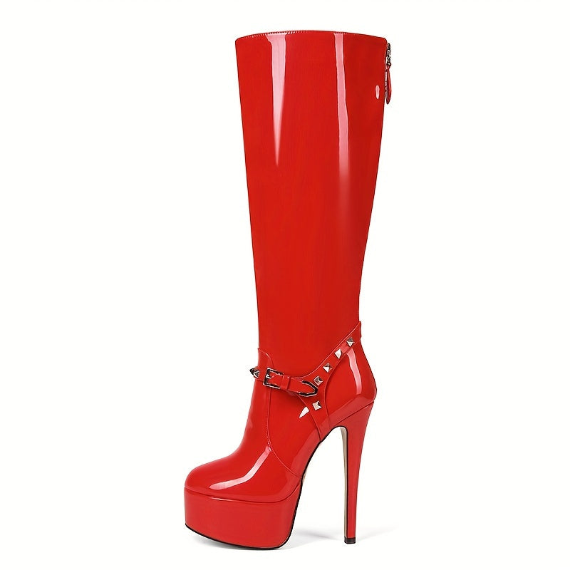 Red Patent Leather Knee High Boots