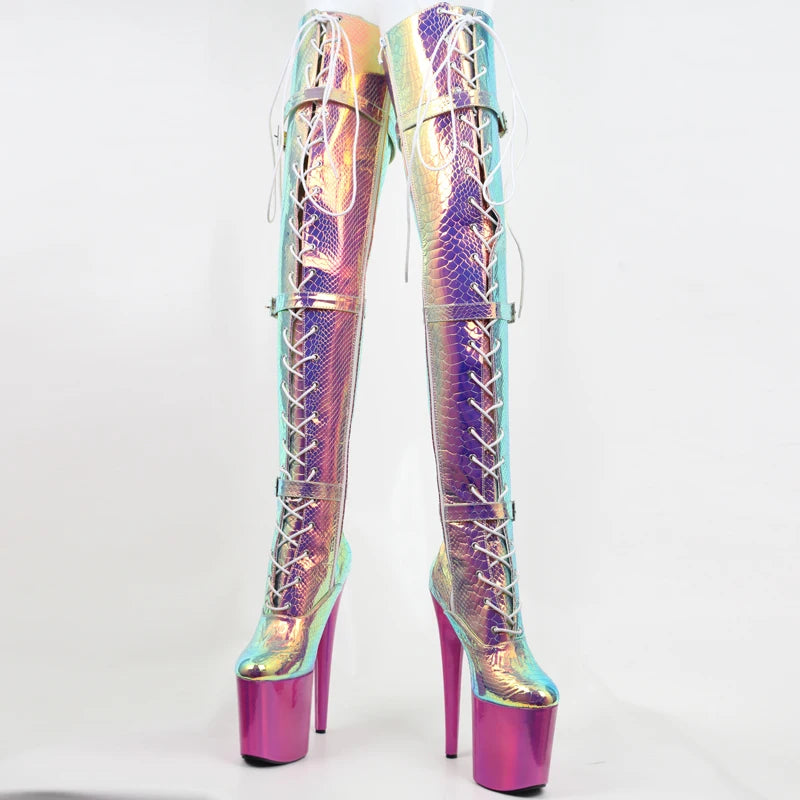 Holographic Snake Patter Over the Knee Boots