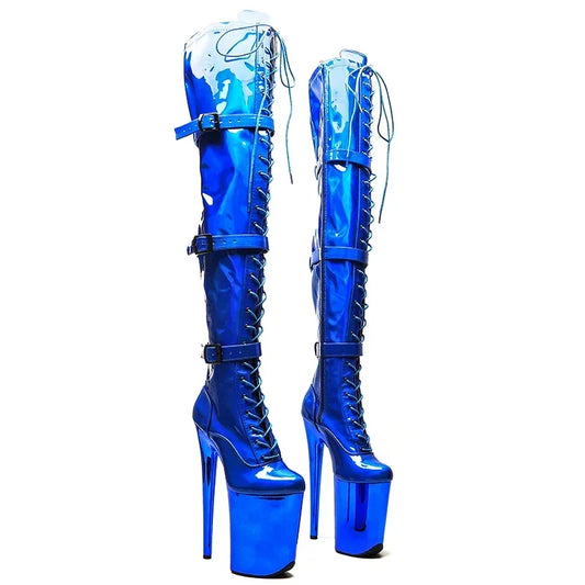 Leecabe  23CM/9inches Shiny PU  upper Sexy boots  Fashion trend  electroplate   High Heels Platform Pole Dance shoes