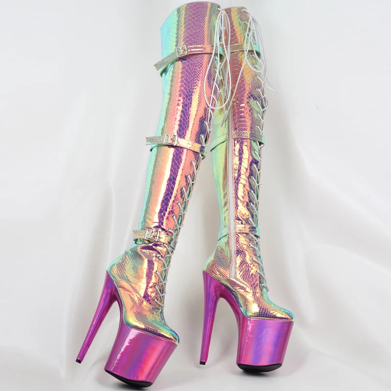 Holographic Snake Patter Over the Knee Boots