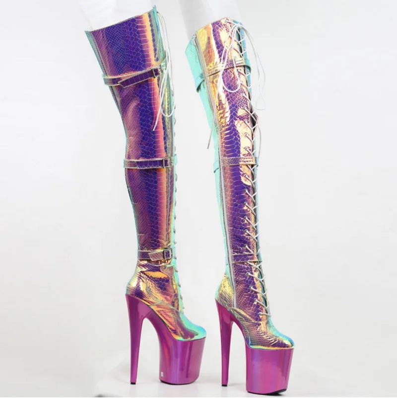 Holographic Snake Patter Over the Knee Boots