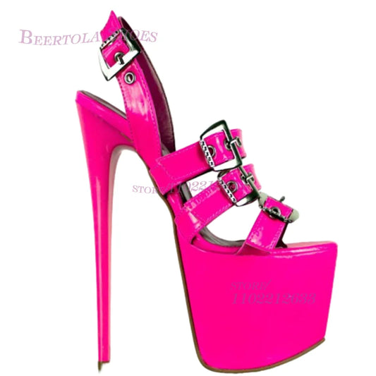 Bright Pink Belt Buckle Stiletto Platform Sandals