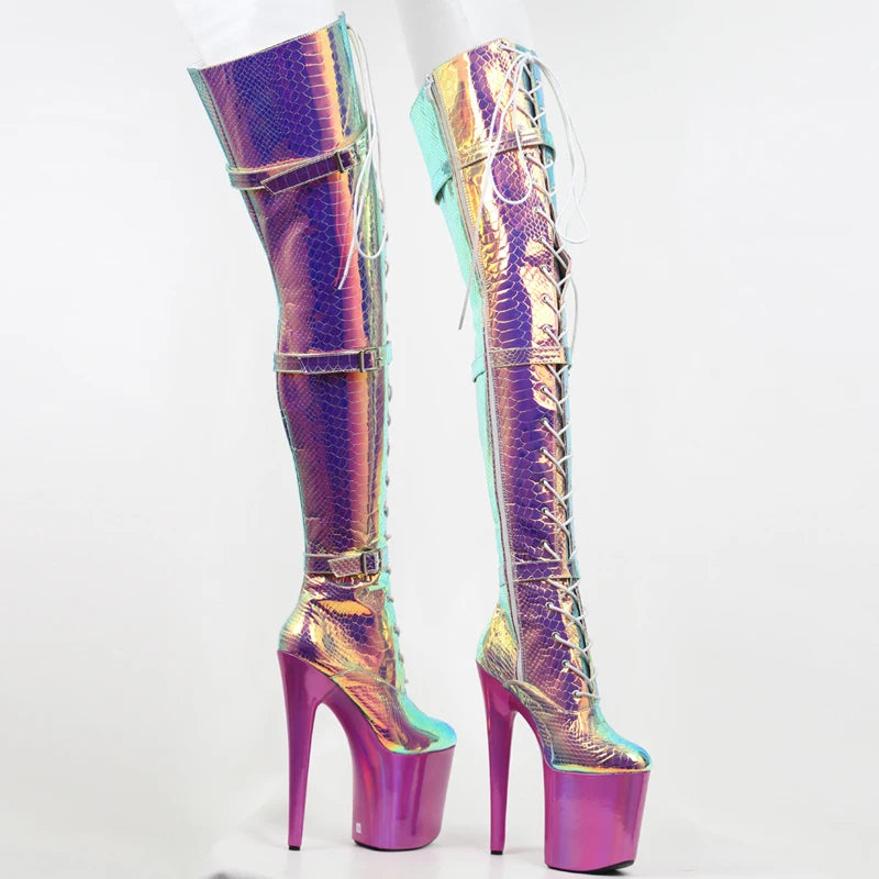 Holographic Snake Patter Over the Knee Boots