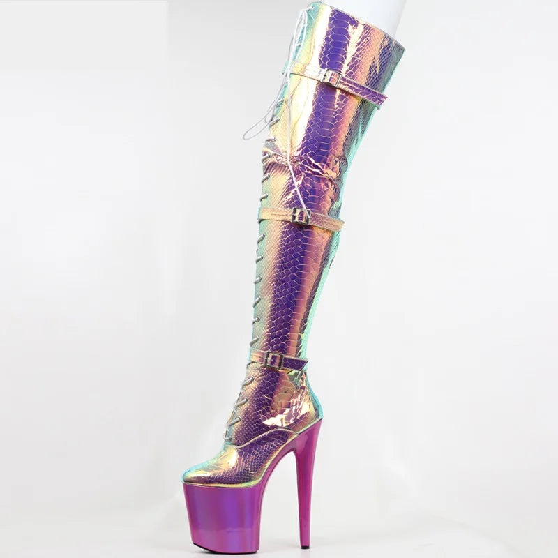 Holographic Snake Patter Over the Knee Boots