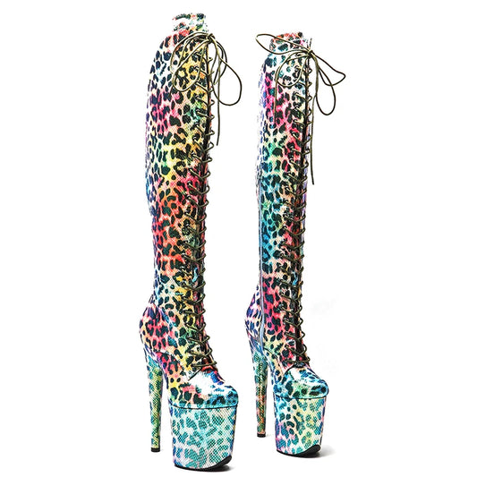 Rainbow Leopard Print Thigh High Boots